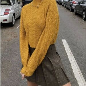 Mustard Cable Knit Sweater and Plaid Skirt